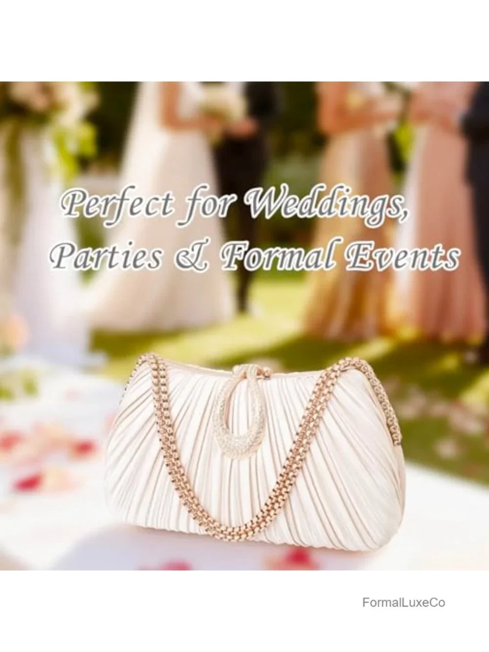 Pleated Satin Evening Clutch with Detachable Chain Strap, Metal Clasp, Formal